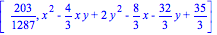 [203/1287, x^2-4/3*x*y+2*y^2-8/3*x-32/3*y+35/3]